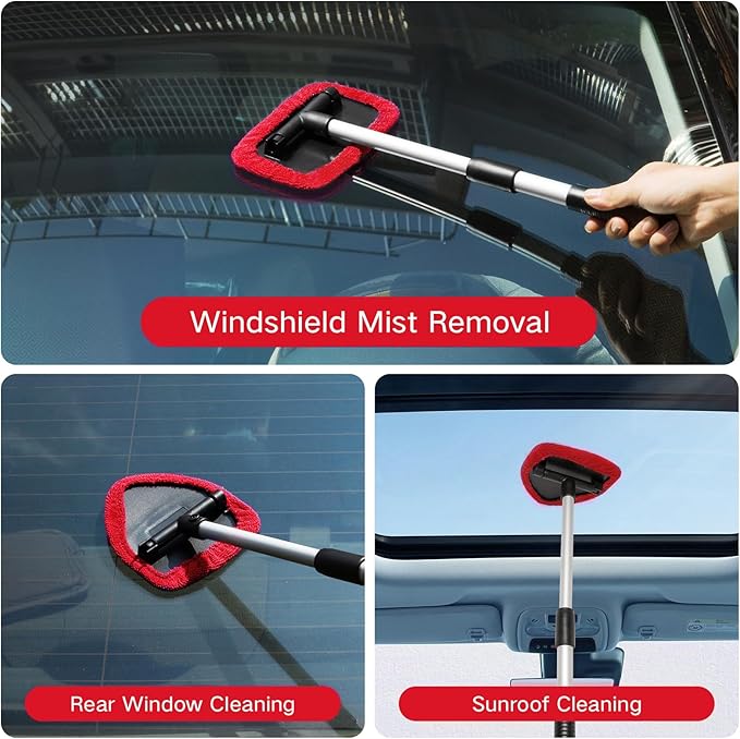 Qydipclin 11pcs Windshield Cleaner Tool, Car Window Cleaning Wash Kit with 6 Reusable Microfiber Pads 2 Spray Bottles and Extendable Handles Auto Glass Wiper Kit, Red