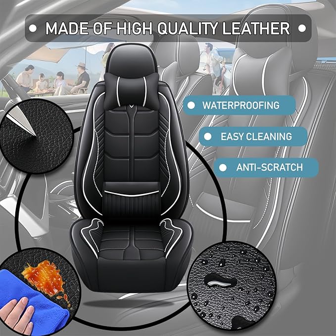 Leather Car Seat Covers Fit for Toyota RAV4 Hybrid 2016-2024, 5 Seater Car Seat Cover, Premium Waterproof, Scratch Resistant Car Interior Accessories (Full Set with Pillow Black White)
