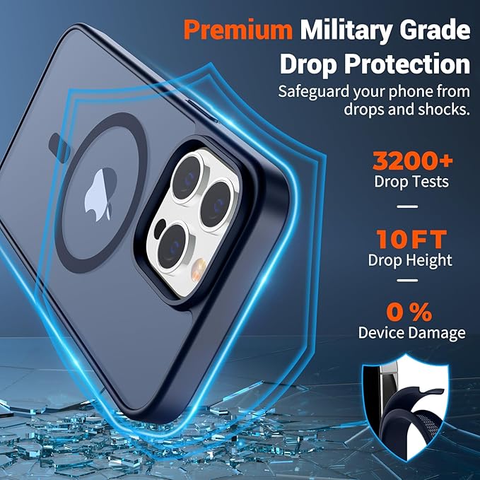 SUPFINE Magnetic for iPhone 14 Pro Case with Screen Protector (Compatible with MagSafe) (Military Grade Drop Protection) Translucent Matte Shockproof Phone Cover,Dark Blue