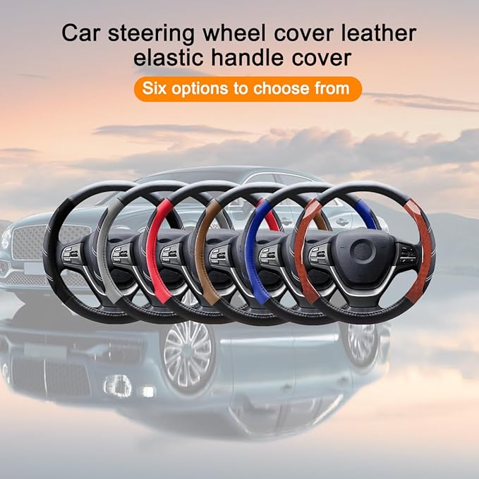Mandark Car Steering Wheel Cover, Elastic Sport Leather Vehicle Steering Wheel Protector, Non-Slip Soft Grip Padded Auto Interior Protective Accessories, 14.5-15 Inch Universal Fit（Wooden Coffee）