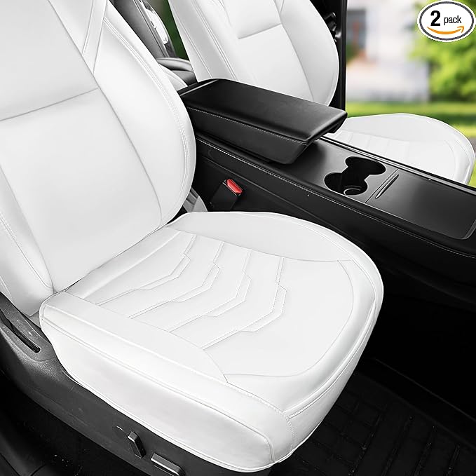 2PCS Car Seat Cover Nappa Leather Front for Tesla Model Y&3 2020-2024 Car Seat Bottom Protector, Original White Color Heavy Duty Seat Cushion Protector Without Backrest (White)