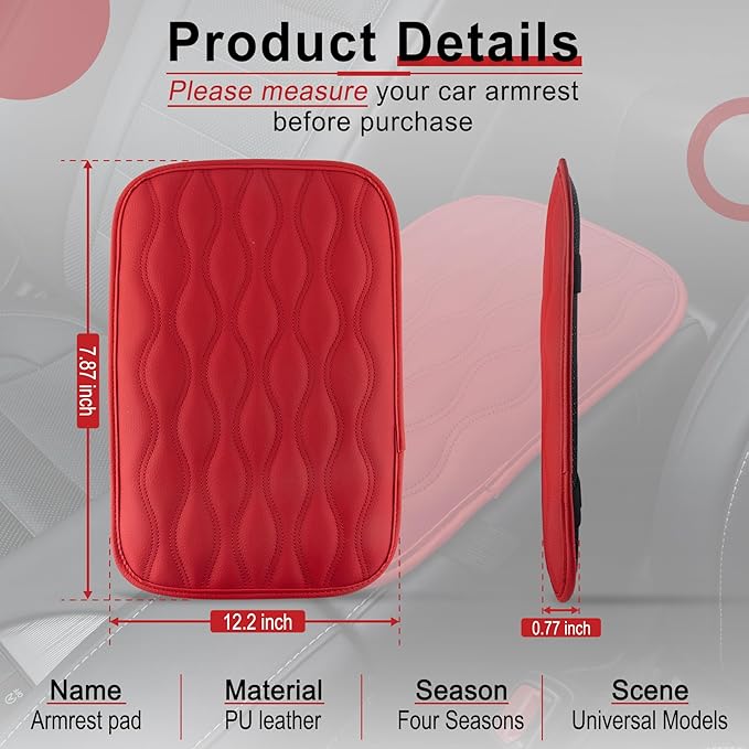 Amiss Auto Center Console Pad, Universal Waterproof Car Armrest Seat Box Cover, Car Interior Accessories, Leather Auto Armrest Cover Protector for Most Vehicle, SUV, Truck, Car (Red)