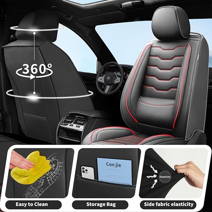 Fit Kona Car Seat Covers for Select Hyundai Kona 2018-2025 2026. Premium Leather, Waterproof， Breathable, Scratch-Resistant & All-Weather Seat Cushion Protector (Full Set, Red Line Black)