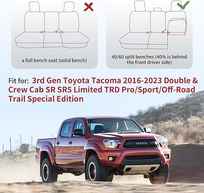 Huidasource Tacoma Rear Bench Car Seat Covers, Black Leather Back Row Seat Cushion Cover Fit for Toyota Tacoma 2016-2023 Double & Crew Cab SR SR5 Limited TRD Sport/Pro/Off Road (Back Row/Black)