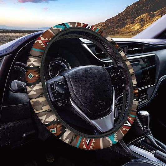 SEANATIVE Brown Aztec Car Steering Wheel Cover, Anti-Slip, Safety, Soft, Breathable, Universal Car Steering Wheel Dust Cover, Easy to Disassemble