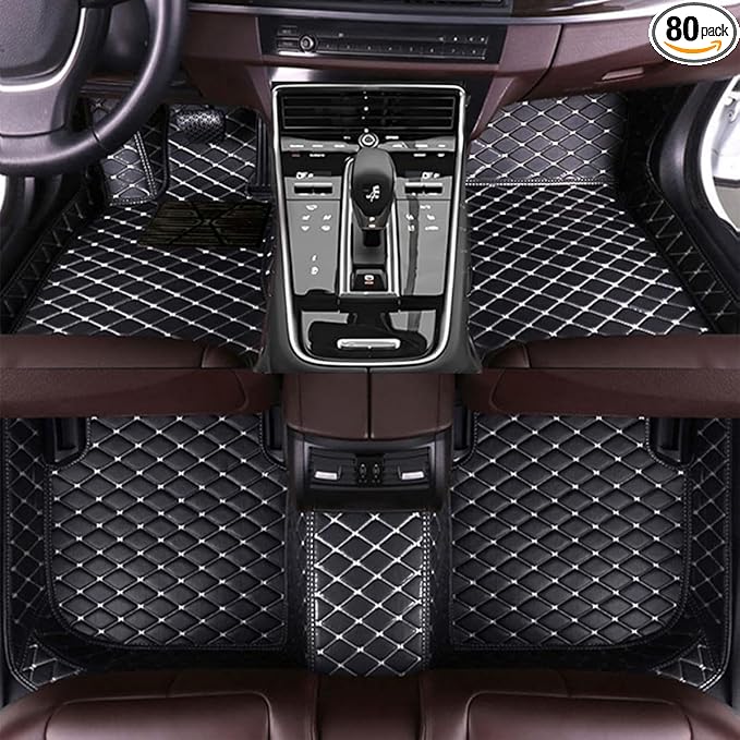 TREGOO All Weather Car Mats Custom Fit Non Slip Floor Mats for 1998-2025 Cars Personalized Leather Protection Pads Suitable for Men Women (Black and White)