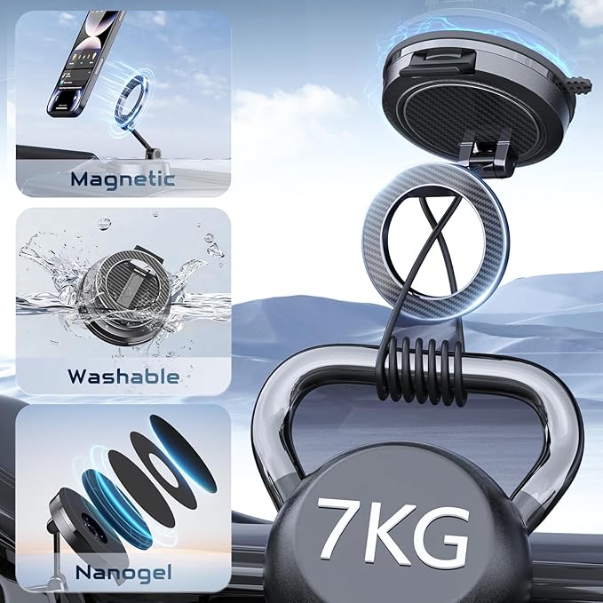 Strong Magnetic Phone Holder for Car & Desk, Compatible with MagSafe, Secure Lock, Universal 360° Rota-Table Car Phone Mount for Dashboard, Glass, Table, Carbon Fiber Deep Black