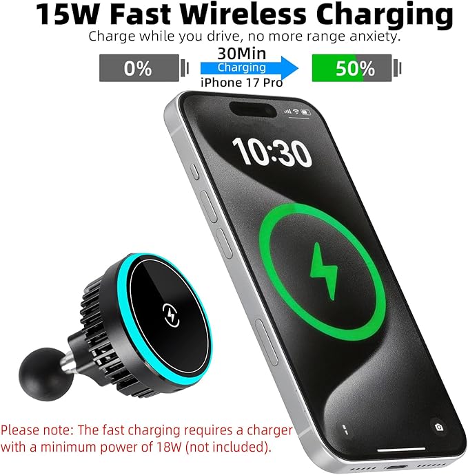 1" Ball Magnetic Wireless Charging Phone Holder with 5.9" Long Arm for MagSafe iPhone 17/16/15/14/13/12 Series - 15W Fast Charging, TEC and Fan Dual Cooling - Compatible with RAM B Size Mounts