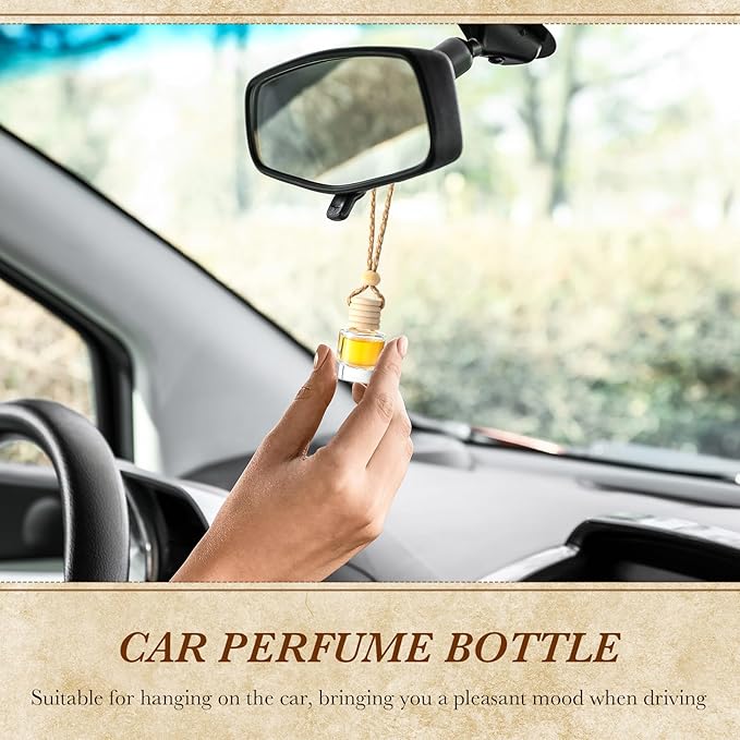 BBTO 200 Pcs Hanging Car Diffuser Bottles Bulk, Empty Clear Glass Air Freshener Bottles with Wooden Cap for Perfume Essential Oils Fragrance Aromatherapy Ornament(Cylinder)