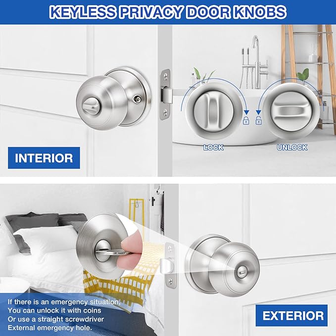 Plustool 6 Pack Brushed Nickel Door Knobs,Privacy Door Knob with Lock, Interior Doorknobs Silver, Keyless Door Locks Set for Bedrooms Bathrooms, Reversible for Left/Right Door Handle