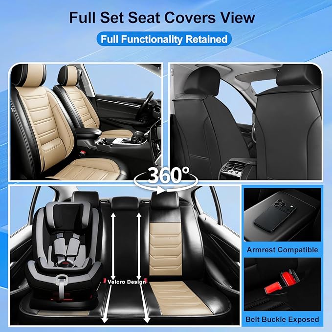 Fit Impala Car Seat Covers for Chevrolet/Chevy Impala 2000-2020, Premium Full Coverage Leather, Airbag Compatible, Waterproof All Weather Breathable Seat Protector, Front Pair Black+Beige