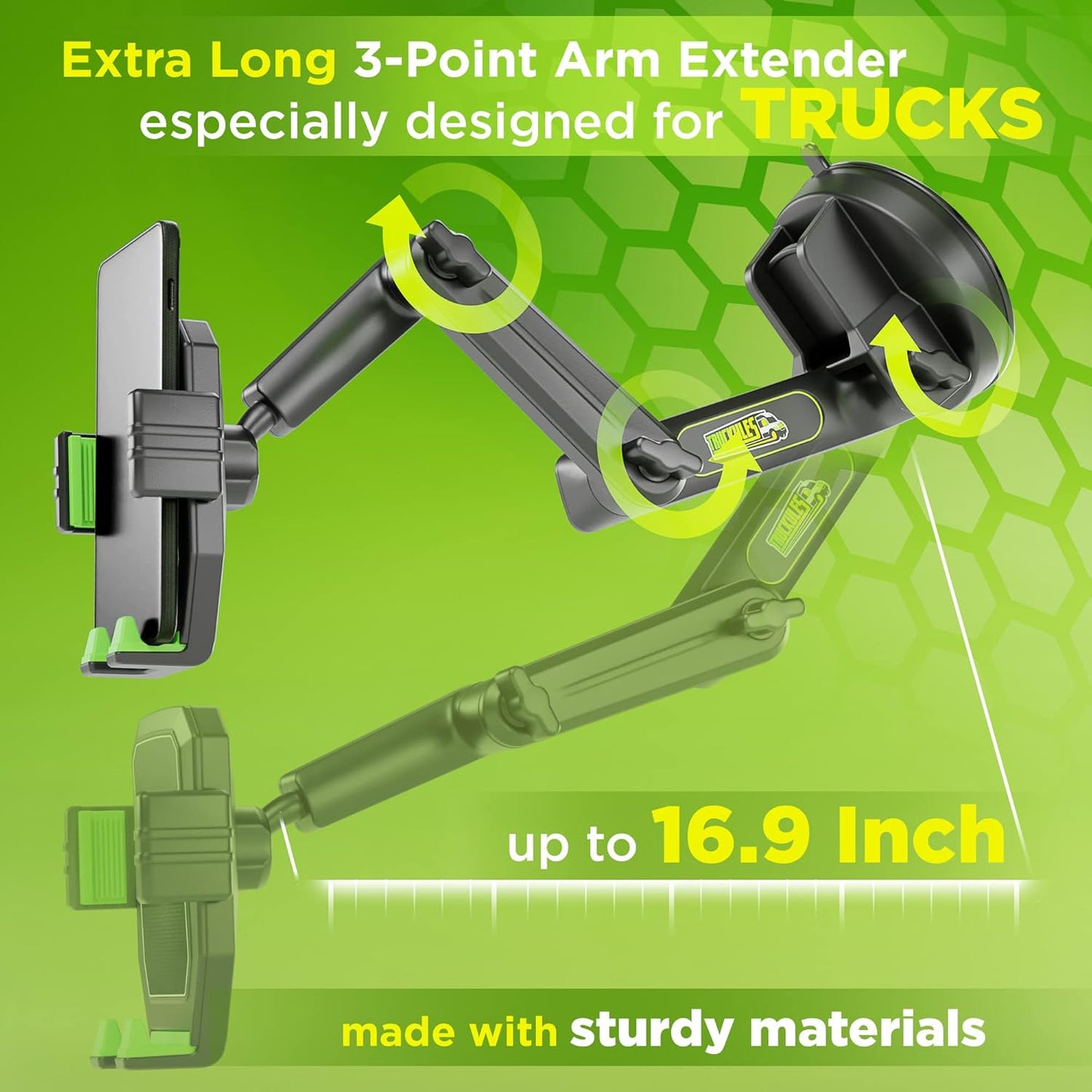 Phone Mount for Truck Phone Holder for Truck - Heavy Duty Super Suction Cup, Mobile Device Holder Dashboard Window 16.9 inch Long Arm & Stable, iPhone & Samsung Compatible, Big Rig Trucker, Green
