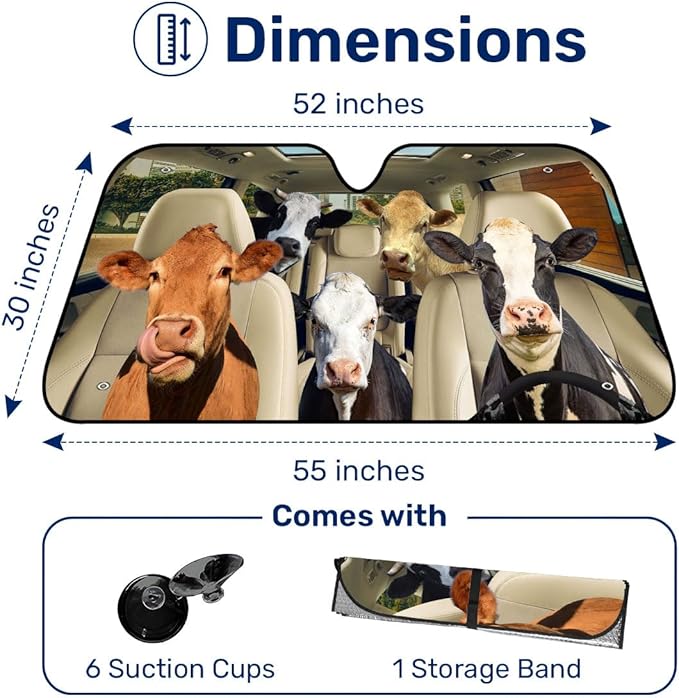 GENANY Cute Cow Family Funny Windshield Sun Shade for Car SUV Truck (55x30 Inches), Sun Shade Windshield, Protector Blocks UV, Spring Car Decor