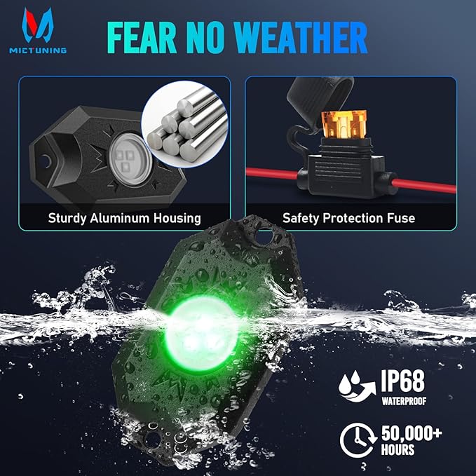 MICTUNING 2nd-Gen CM RGB Rock Lights - 4 Pods Waterproof Multicolor Neon Underglow Kit with Bluetooth App Control & Music Mode for Trucks Pickup UTV SUV ATV （2 Year Warranty）