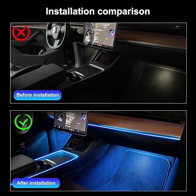 Car Interior Strip Lights, 6 in 1 Multicolor RGB Car Footwell Ambient Lighting Kit, 8m Fiber Optic EL Neon Tube Light, DIY Mode Music Sync APP Control DC 12V