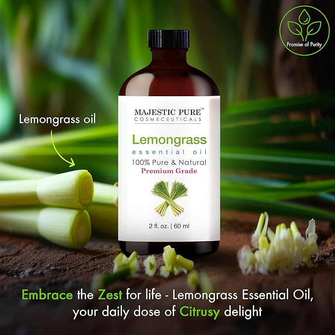 Majestic Pure Essential Oil with Glass Dropper - 100% Pure and Natural - Essential Oils for Diffuser, Aromatherapy, Soap and Candle Making, Lemongrass Essential Oil, Lemongrass Oil, 2 Fl Oz