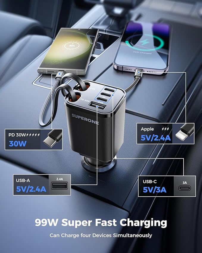Retractable Car Charger, SUPERONE 99W Car Phone Charger with Cables Fast Charging, USB C Car Charger Adapter for iPhone 17 16 15 14 13 12, Samsung, Black