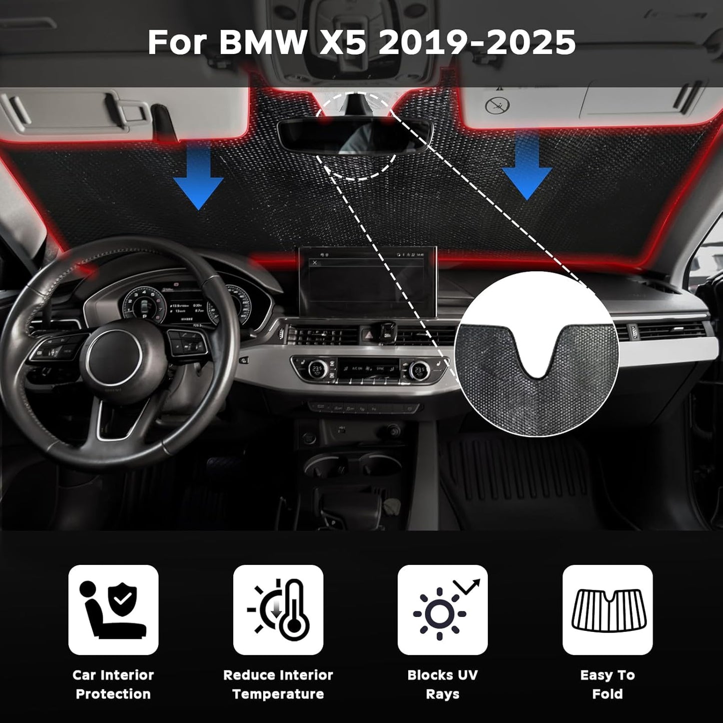 Windshield Sun Shade for BMW X5 2019-2025 - 5-Layer Bubble Foldable Front Window Shade Sun Visor Accessories - Blocks Heat & UV Rays