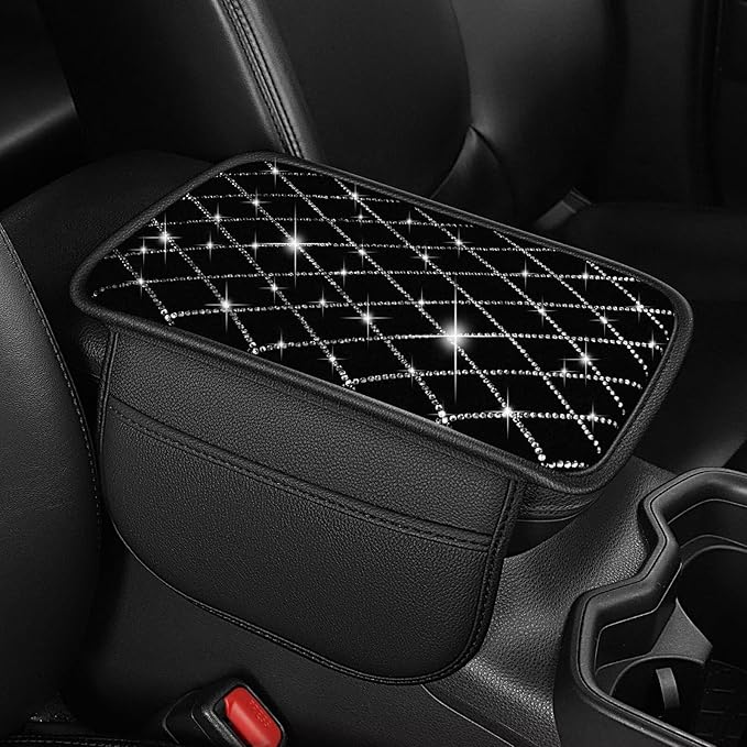Bling Center Console Cover with 2 Side Pockets Fit for Highlander Multi-Functional Car Armrest Cushion Diamond-Studded Rhombus Pattern Style(Black&Silver Diamond)