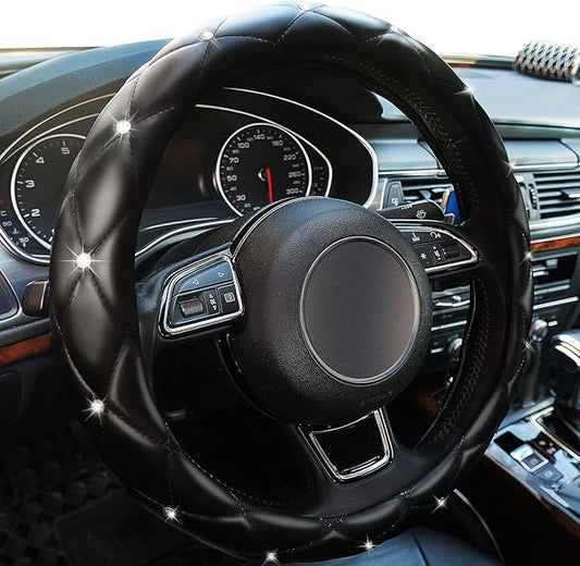 Xizopucy Diamond Leather Bling Steering Wheel Cover, Universal Car Steering Wheel Protector with Crystal Rhinestones Anti-Slip Soft Interior Accessories for Women and Girl Fit 15 inch -Black