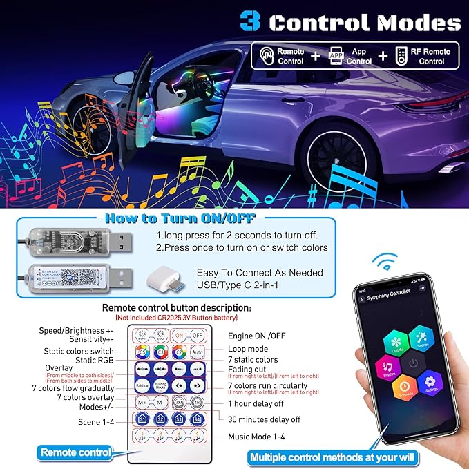 Acrylic Interior Car LED Strip Light with USB/Type C/4-Port Cigarette Lighter, Dreamcolor 6 in 1 with 175 inches 650 LEDs Ambient Lighting Kits, Sound Active Function Neon Led Strips for Car