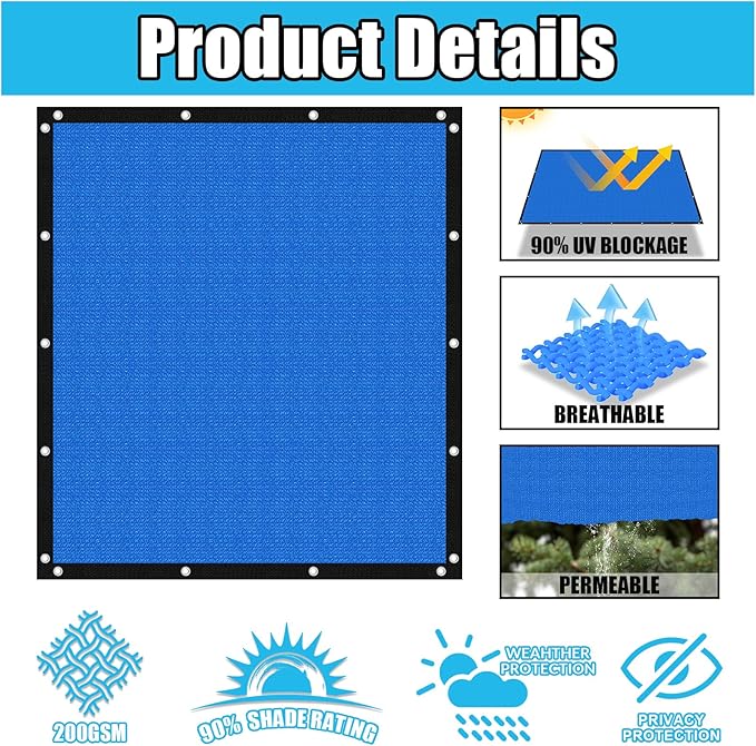 Amagenix 90% Pergola Shade Cover 5' X 9' Sun Shade Cloth with Grommets for Outdoor Garden Patio Porch, Commercial Grade 200 GSM - Cable Zip Ties Included (We Customized) GN108, Blue