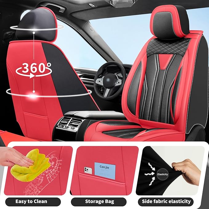 Fit Versa Car Seat Covers Compatible with Nissan Versa 2008-2025 2026 - Premium Leather， Waterproof Breathable， All-Weather Seat Cushion Protecto&Airbag Compatible (2 Front Seat Red&Black)