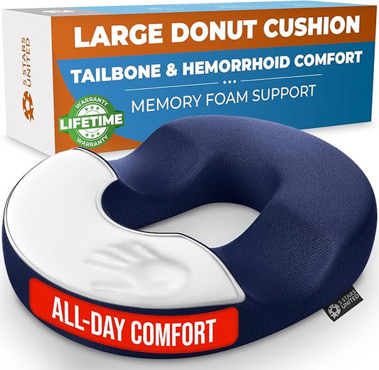 5 STARS UNITED Donut Pillow Hemorrhoid Tailbone Cushion – Large Floor Cushion for Pain Relief – Coccyx, Prostate, Sciatica, Pelvic Floor, Pressure Sores, Pregnancy, Postpartum Recovery, Blue