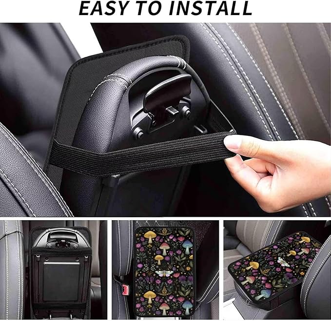Mushroom Print Center Console Cover Boho Herbs Leaf Armrest Seat Box Covers Protector Black Vintage Car Decor Accessories Scratch Resistant Middle Console Lid Cushion Pad