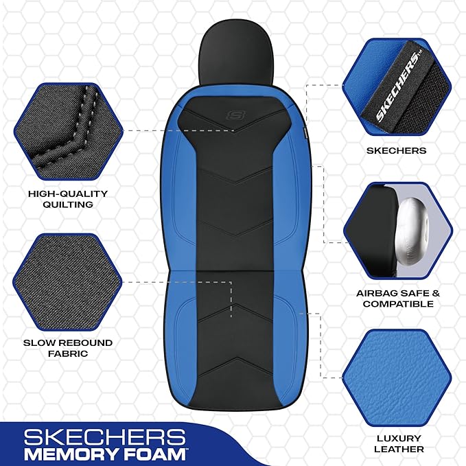 Skechers Memory Foam Seat Covers,Leather Car Seat Covers, Ultimate Comfort & Support Seat CoversFull Sets,Airbag Compatible, Automotive Universal Fit Most for SUVs, Vans, Sedans, Cars, Trucks,Blue