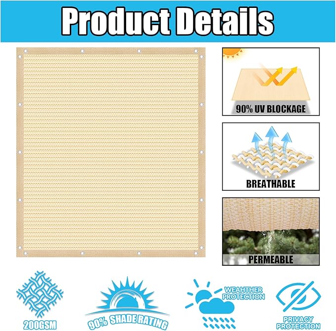 Amagenix 90% Pergola Shade Cover 7' X 12' Sun Shade Cloth with Grommets for Outdoor Garden Patio Porch, Commercial Grade 200 GSM - Cable Zip Ties Included (We Customized) GN108, Wheat