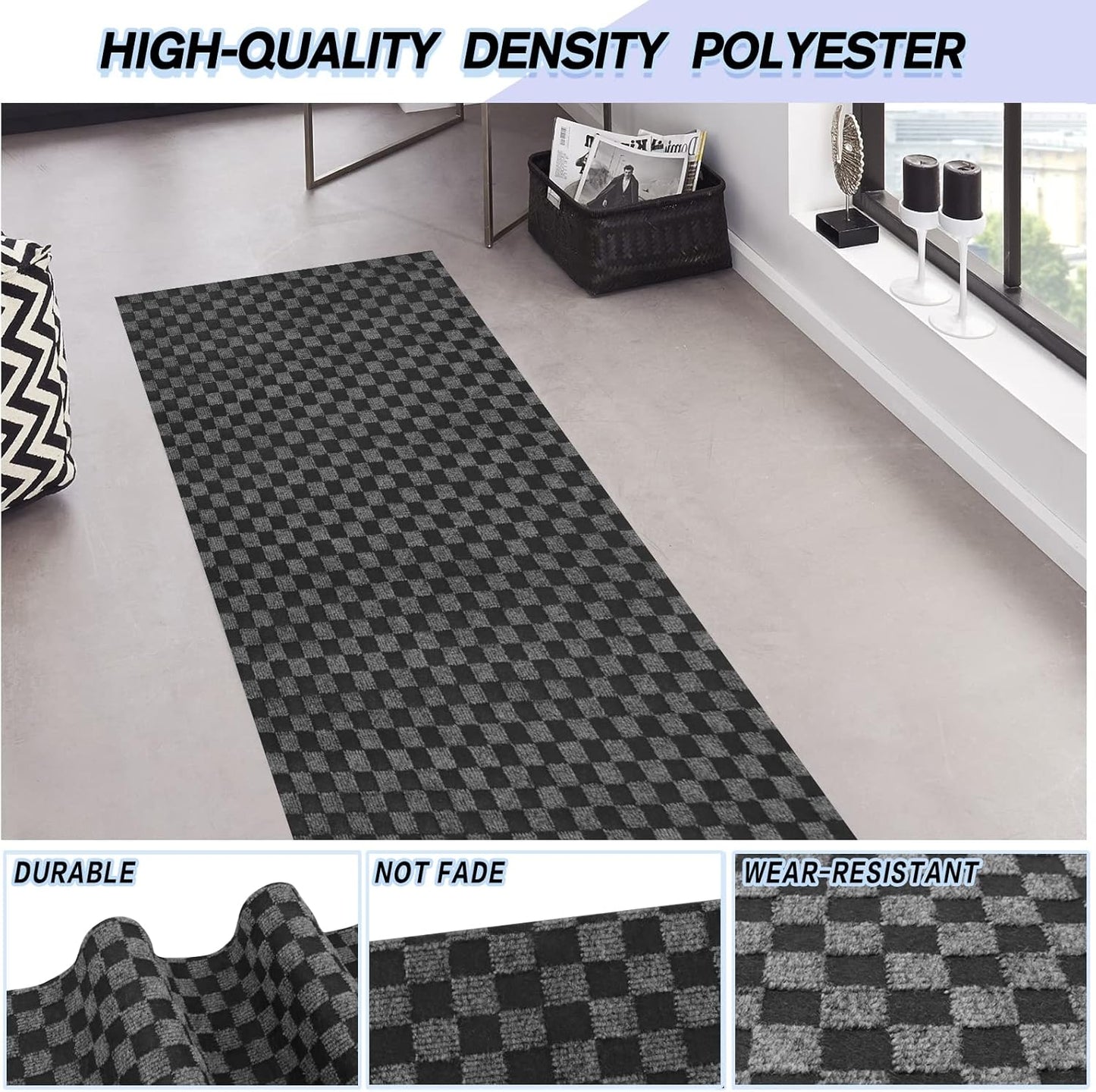 Custom Size Backed Non-Slip Area Rugs Runner, Easy Clean, Waterproof Runner Rugs for Hallway Entryway, Kitchen, Laundry, 2FT x 39FT, Gray Checkered