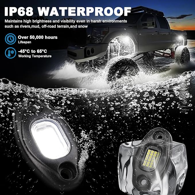 Rock Lights for Trucks-24Chip High Power 6000k Pure White, 15FT Cable Each Light, Aluminum Case, Waterproof IP68 Underglow Lights for Cars Jeep UTV ATV(16 PCS)