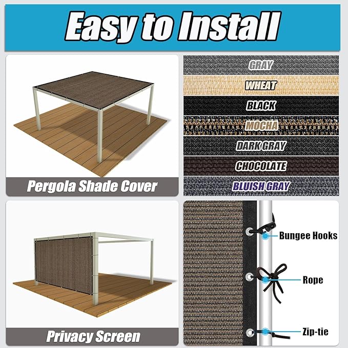 Amagenix 90% Sun Shade Cloth with Grommets, 12' x 20' Pergola Replacement Shade Cover Canopy Privacy Screen for Outdoor Patio Garden, Mocha (We Customized)
