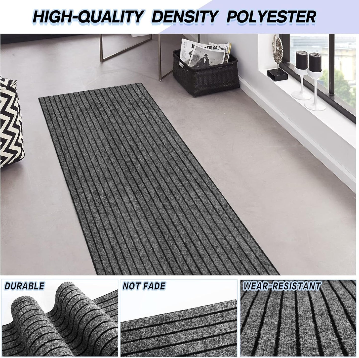 Custom Size Backed Non-Slip Area Rugs Runner, Easy Clean, Waterproof Runner Rugs for Hallway Entryway, Kitchen, Laundry, 3FT x 11FT, Gray Stripe