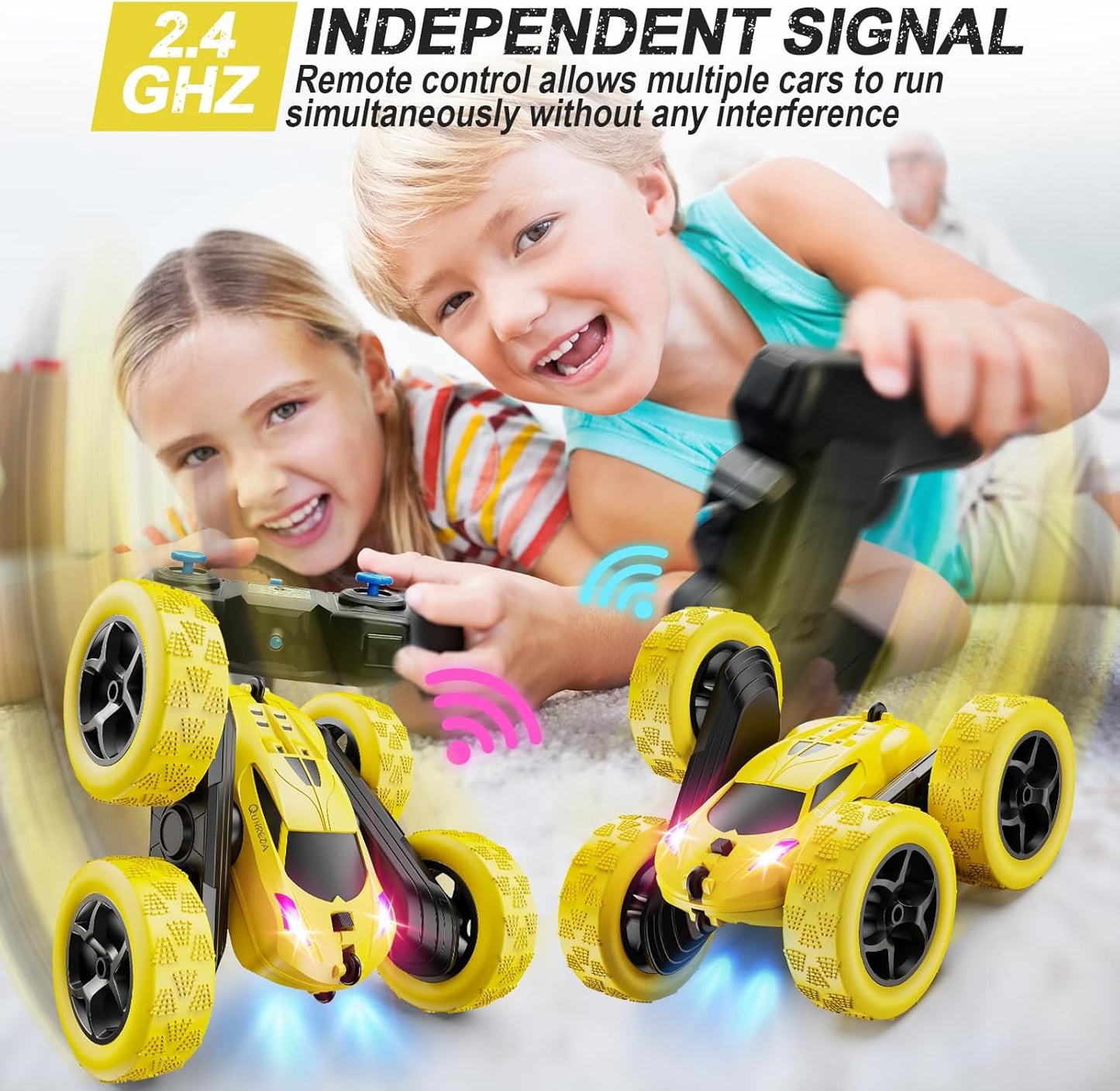 Remote Control Car,RC Car Toys for 6-12 Year Old Boys, Off Road RC Stunt Car 4WD 360° Rotating Remote Control Car for Kids, Boys Girls Gifts for Birthday, Christmas Yellow