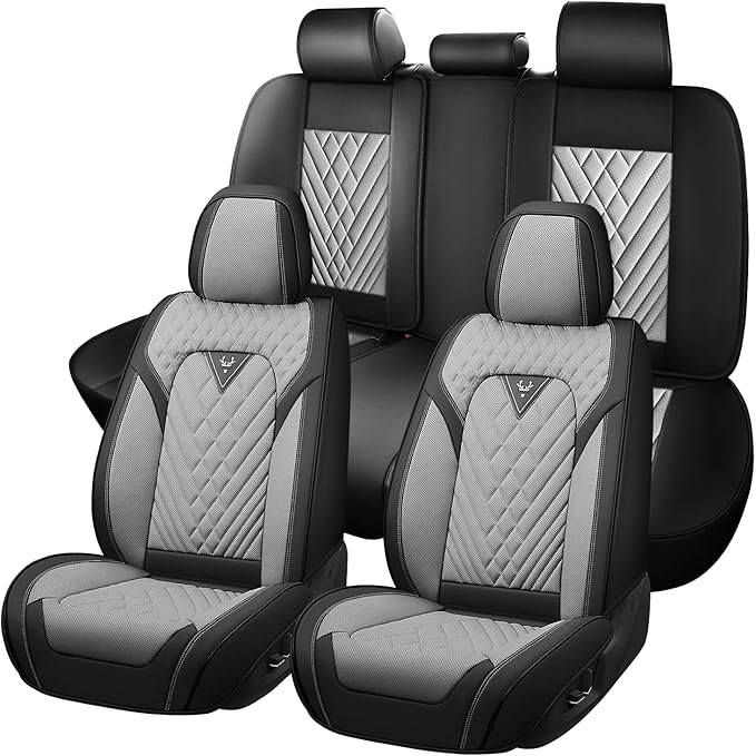 Truck Seat Covers for GMC Sierra 1500 2007-2026, Waterproof Premium Leather Full Coverage Car Seat Cover, Muscle Sport Style Auto Interior Seat Cover Sets (Full Set/Black Gray)
