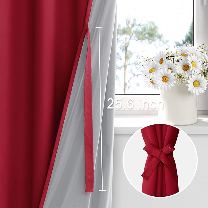 XWZO 100% Blackout Window Curtains - Thermal Insulated & Noise Reduction Black Liner Window Treatment Sewn with Tiebacks for Bedroom/Living Room, Christmas Red, W38 x L84, Set of 2 Panels