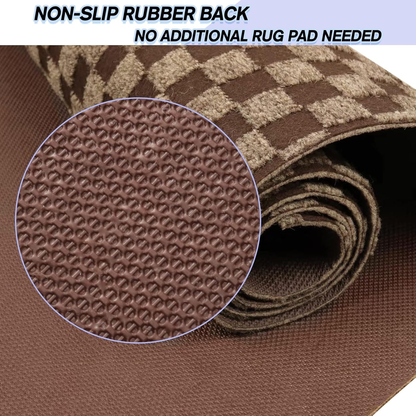 Custom Size Backed Non-Slip Area Rugs Runner, Easy Clean, Waterproof Runner Rugs for Hallway Entryway, Kitchen, Laundry, 2FT x 34FT, Brown Checkered