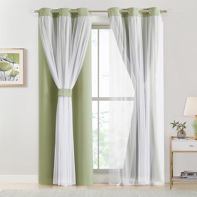 Bujasso Sage Green Blackout Curtains with Sheer Overlay Mix and Match Double Layer Thermal Insulated Window Panels 84 inch for Living Room Bedroom Green Drapes with Tiebacks Grommet Top 54" Wx84 Lx2