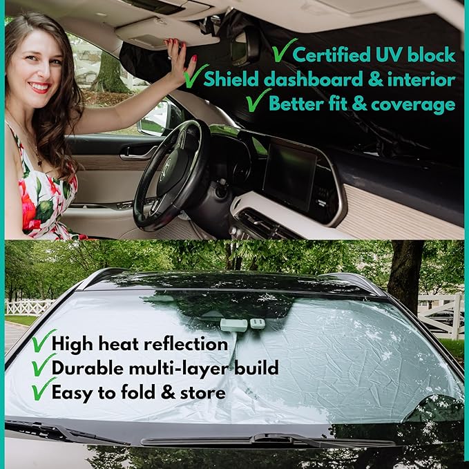 Windshield Sun Shade -Certified 99.87% UVB & 99.02% UVA Car Sun Shade. Award Winning Sunshade - Patented Technology | Compatible for Cadillac XT4 2019-2025 | Car Shades by Kinder Fluff