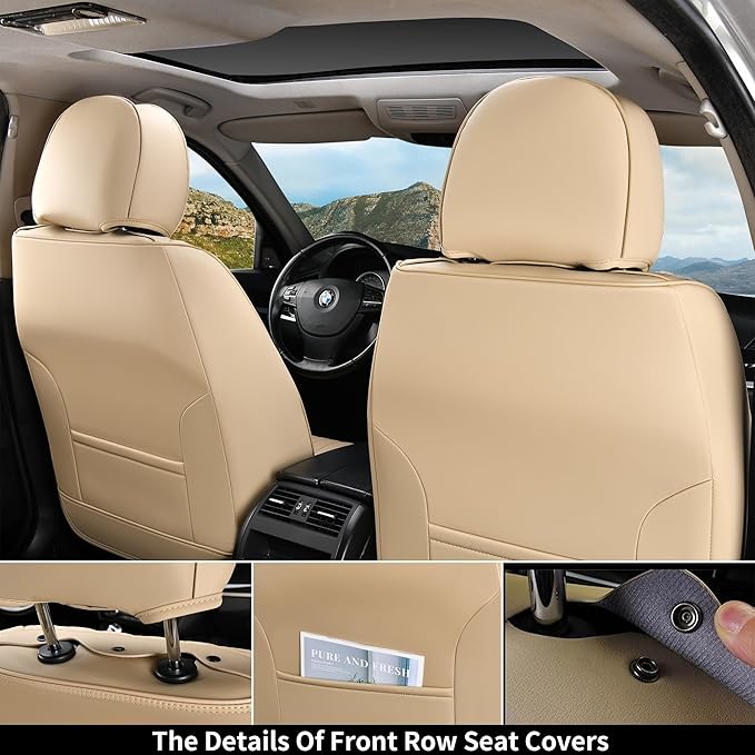 Coverado Beige Nappa Leather Car Seat Covers, Universal Fit Front Seats, 2-Pack Waterproof Seat Covers, Perforated Faux Leather, Compatible with Most Cars Trucks