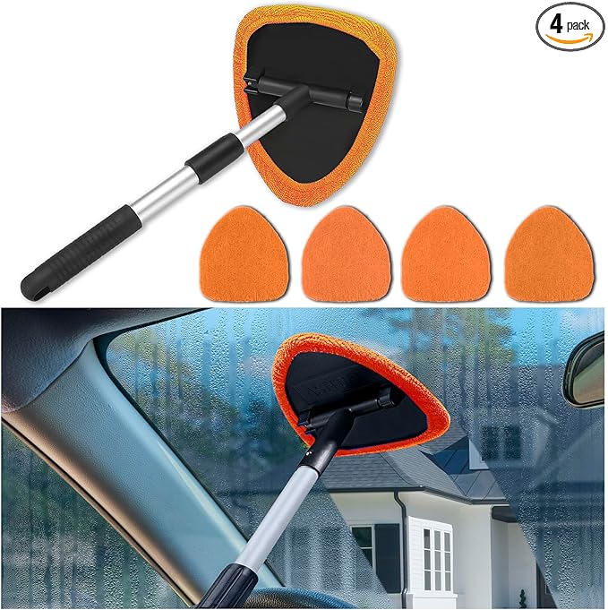 Windshield Cleaner Tool - Portable Car Interior Window Cleaning Kit with Extendable Handle, 4 Microfiber Towel Pads, Auto Glass Wiper for Windshield, Universal for RV, SUV, Truck (Orange)