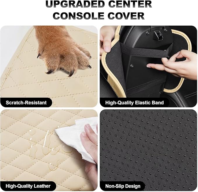 Upgraded Car Center Console Cover Fit for Highlander Faux Leather Car Armrest Cover Cushion with 2 Storage Bags,Car Armrest Storage Box Interior Accessories(Beige&Whiteline)
