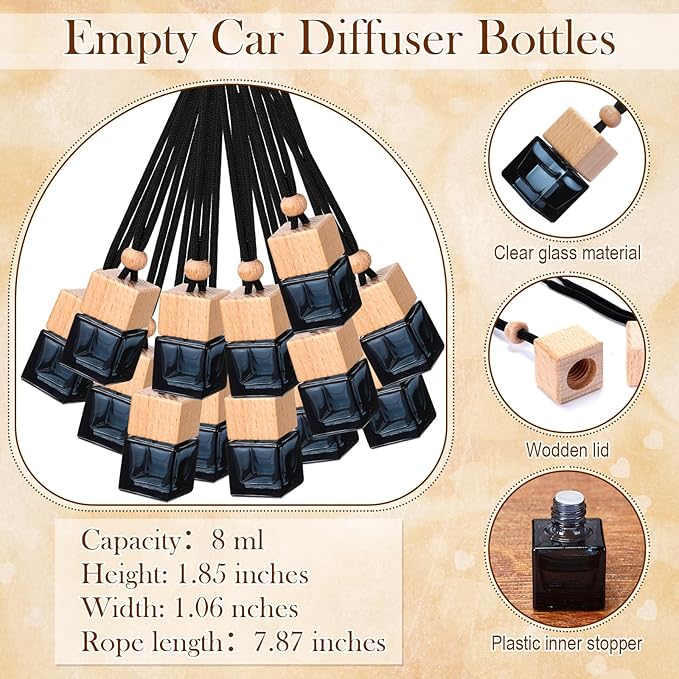 DaisyInner 60 Sets Car Diffuser Bottles Empty Bulk Hanging Car Air Freshener Diffuser Bottles Bulk Glass Perfume Holder with Instruction Cards for Essential Oil Fragrance Pendant(Square,Black)
