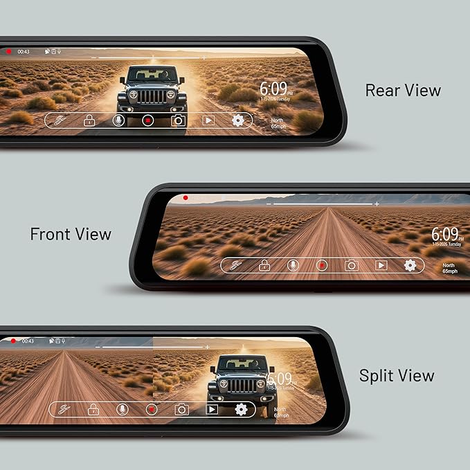 Stinger Universal 9.66” 4K UHD Touchscreen Digital Rear View Mirror Monitor & 4K Front Dashcam, 2K Back Up Camera, Anti-Glare Night Vision, Built-in DVR w/ 64GB SD Card, Impact Detection