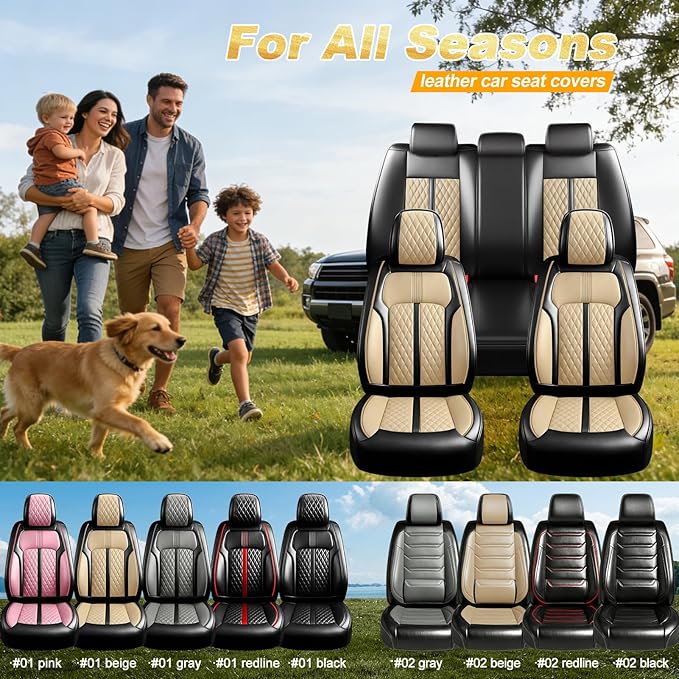 Fit Impala Car Seat Covers for Chevrolet/Chevy Impala 2000-2020, Premium Full Coverage Leather, Airbag Compatible, Waterproof All Weather Breathable Seat Protector, Front Pair Black+Beige