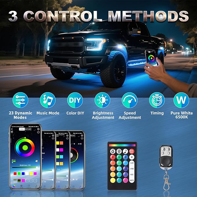 4 Pods Full Angle RGBW LED Rock Lights, RGB with White Rock Light for ATV UTV Golf Cart RZR SXS Truck SUV Car Underbody, 12V Waterproof Neon Multicolor Underglow Kit APP/RF Remote Control Sync Music