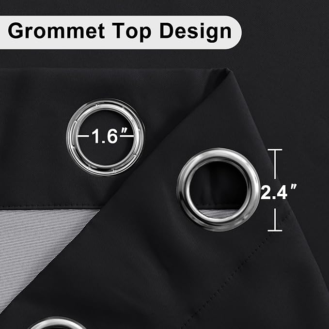 XWZO Full Shading Blackout Curtains 72 Inches Length - Heat and Light Blocking Ring Top Window Drapes with Black Liner Backing for Bedroom Sewn with Tiebacks, Black, W52 x L72, Set of 2