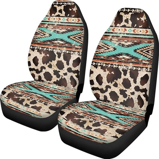 Car Seat Covers Front Seats Only for Women Men Auto Seat Covers Set of 2 Pack Bucket Cover for Cars SUV Truck Sedan, Easy to Install（Aztec Ethnic Cow Leopard Print 83）